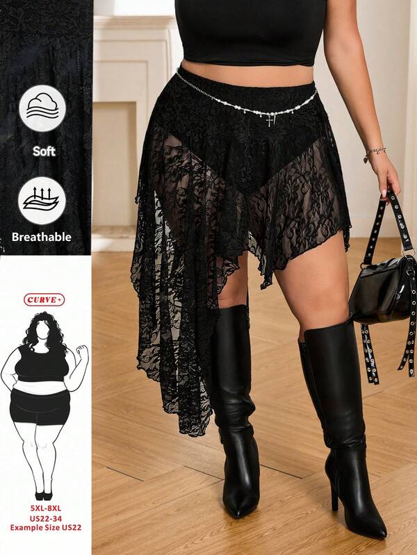 SHEIN CURVE+ Women's Plus Size Summer/Spring Fashion Lace Asymmetrical Hem Skirt