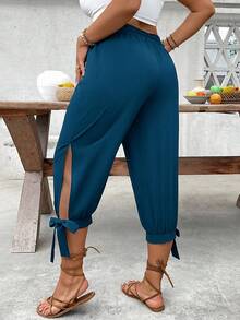 SHEIN CURVE+ Plus Size High Waist Drawstring 7/8 Pants, Spring/Summer - Blue - View 2