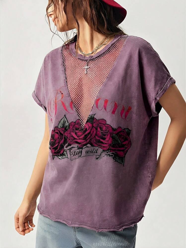 SHEIN BohoFeels Áo thun nữ cổ tròn dệt kim màu trơn kiểu phương Tây, chất liệu đã qua xử lý, thích hợp mặc mùa hè. - Màu tím - Xem 7