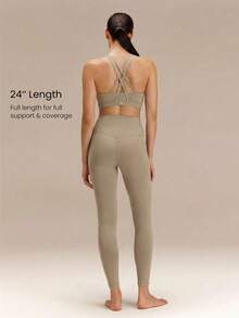 GLOWMODE Leggings de cintura alta con bolsillos laterales FeatherFit™ de 24" para gimnasio en otoño e invierno - Caqui - Ver 2