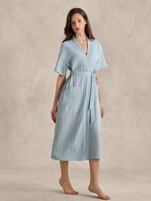 Women's Retro British Style Basic Casual Fashion Light Blue Pleated Fabric Short Sleeve Robe - Baby Blue - View 4