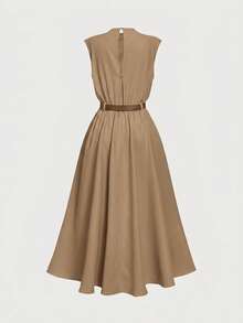 SHEIN NovaGlow 少女休闲时尚立领喇叭腰棕色A字长裙 - 棕色 - 查看 3