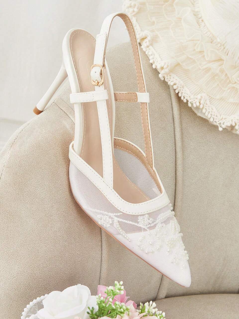 CUCCOO HITCHD Women Shoes Spring Summer Elegant Pearl Embroidery After Empty Tip Hasp Stiletto Mesh 9cm Women's High Heel Shoes Daily Dating Party Wedding