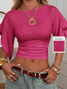 SHEIN EZwear Women's Solid Color Ruched Asymmetric Neck Knit Top,Summer Top - Hot Pink - View 7