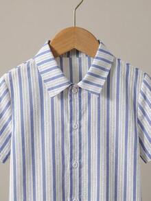 SHEIN Bộ 2 món áo sơ mi và quần short dệt kim kẻ sọc cho bé trai - Nhiều màu - Xem 3