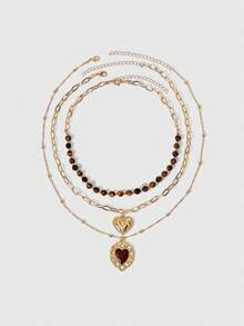ROMWE Goth 3pcs/Set Vintage Luxury Gold Chain Layered Tiger Eye Beaded Necklace With Heart Pendant, Fashionable Jewelry For Women, Suitable For Daily Wear, Parties, Music Festivals - Multicolor - View 1