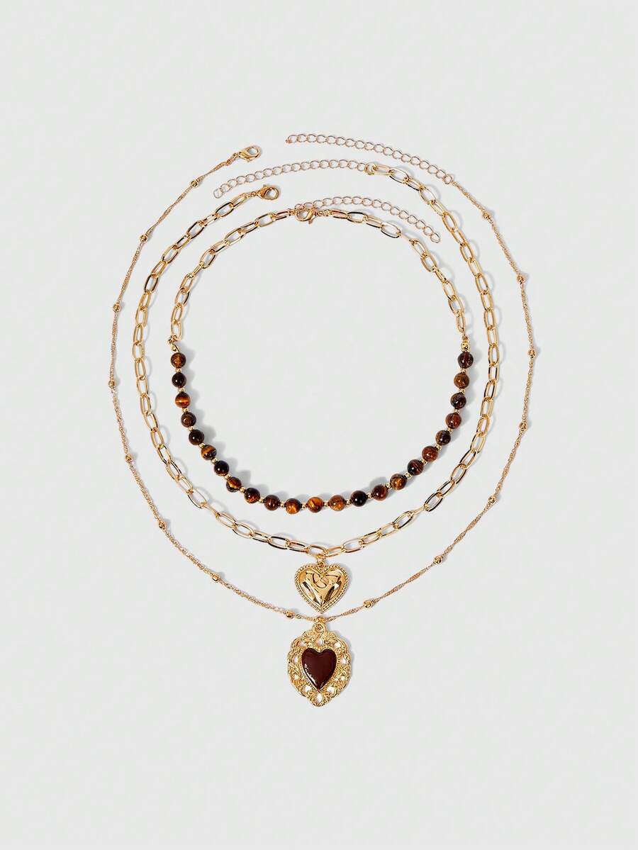 ROMWE Goth 3pcs/Set Vintage Luxury Gold Chain Layered Tiger Eye Beaded Necklace With Heart Pendant, Fashionable Jewelry For Women, Suitable For Daily Wear, Parties, Music Festivals - Multicolor - View 1
