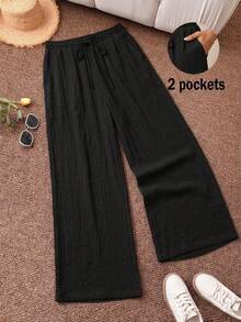CosyJoli Quần ống rộng bằng cotton trơn màu dành cho nữ cỡ lớn, kiểu dáng thường ngày, có dây buộc eo. - màu đen - Xem 6