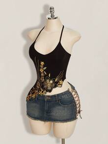 SHEIN ICON Áo quây hở lưng, thêu hoa đính sequin, kiểu dáng thường ngày dành cho nữ, thích hợp mặc mùa hè. - màu đen - Xem 4
