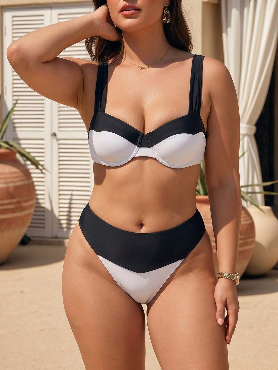 Swim Chiccia Plus Size Women's Summer Beach Contrast Color Sexy Bikini Swimwear Set - Multicolor - View 1
