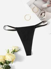 Women's Casual Comfy High Stretch Black Fabric Plain Ruched Thong Panties - Black - View 1