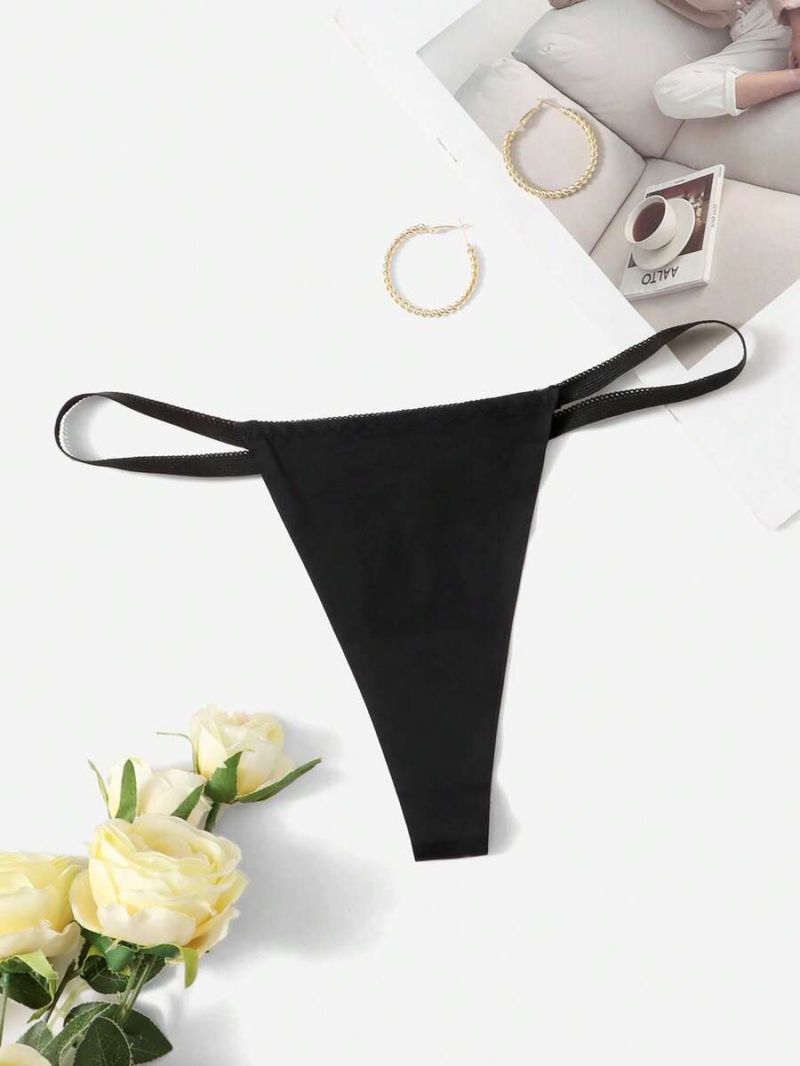 Women's Casual Comfy High Stretch Black Fabric Plain Ruched Thong Panties - Black - View 1