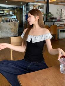 DAZY Áo nữ thời trang, đa năng, họa tiết hoạt hình chấm bi, kiểu dáng trễ vai, phong cách thường ngày. - màu đen - Xem 6