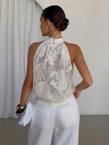 Lavishia 女款夏季優雅白色花卉刺繡掛脖奢華清爽上衣，適合婚禮賓客、母親節、婚禮、海灘度假 - 米色 - 查看 2