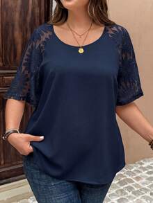 EMERY ROSE Plus Size Casual Solid Color Lace Patchwork Shirt Fall - Navy Blue - View 5