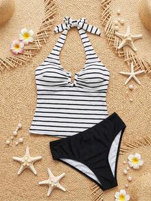 SHEIN Swim Lushore Dam sommarsemester casual strand randigt mönster bikini tvådelat baddräktsset, halterneck knytband texturerat tyg - Svart och Vitt - Visa 7