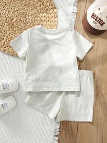 Cozy Pixies Bộ 2 món gồm áo thun ngắn tay cổ tròn in chữ và quần short cạp chun cho bé trai và bé gái, trang phục thường ngày mùa xuân/hè. - Xám - Xem 2