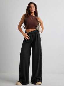 Women's Casual Solid Color Drawstring Waist Wide Leg Pants - Black - View 2