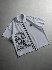 PAVTROS Men's Casual Striped Cartoon Print Shirt, Summer - Black and White - View 1