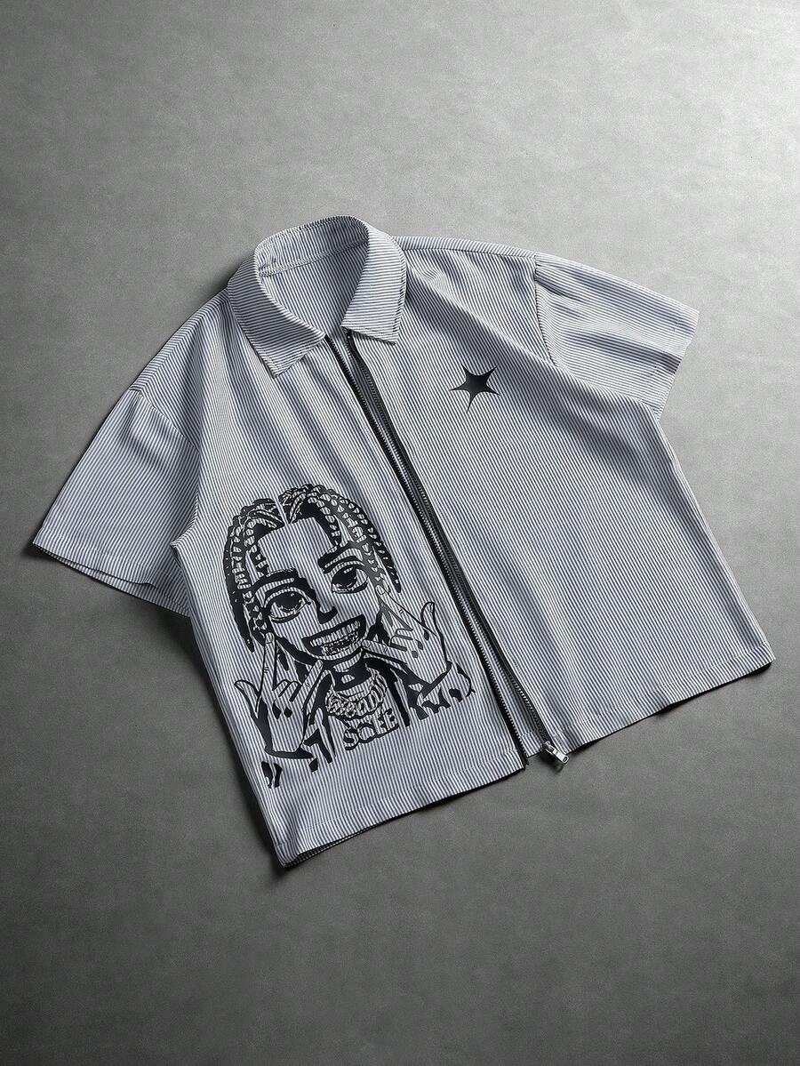 PAVTROS Men's Casual Striped Cartoon Print Shirt, Summer - Black and White - View 1