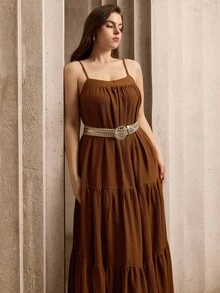 Flouryn Plus Size Women Solid Color Ruffle Hem Camisole Dress Gym Brown Summer - Brown - View 4