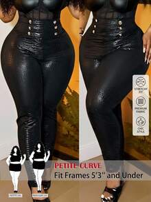 SHEIN PETITE CURVE 大尺碼女款小個子高腰皮革緊身褲，黑色與金色，秋季，優雅，電音派對，優雅辦公儀式派對度假 - 黑色 - 查看 1