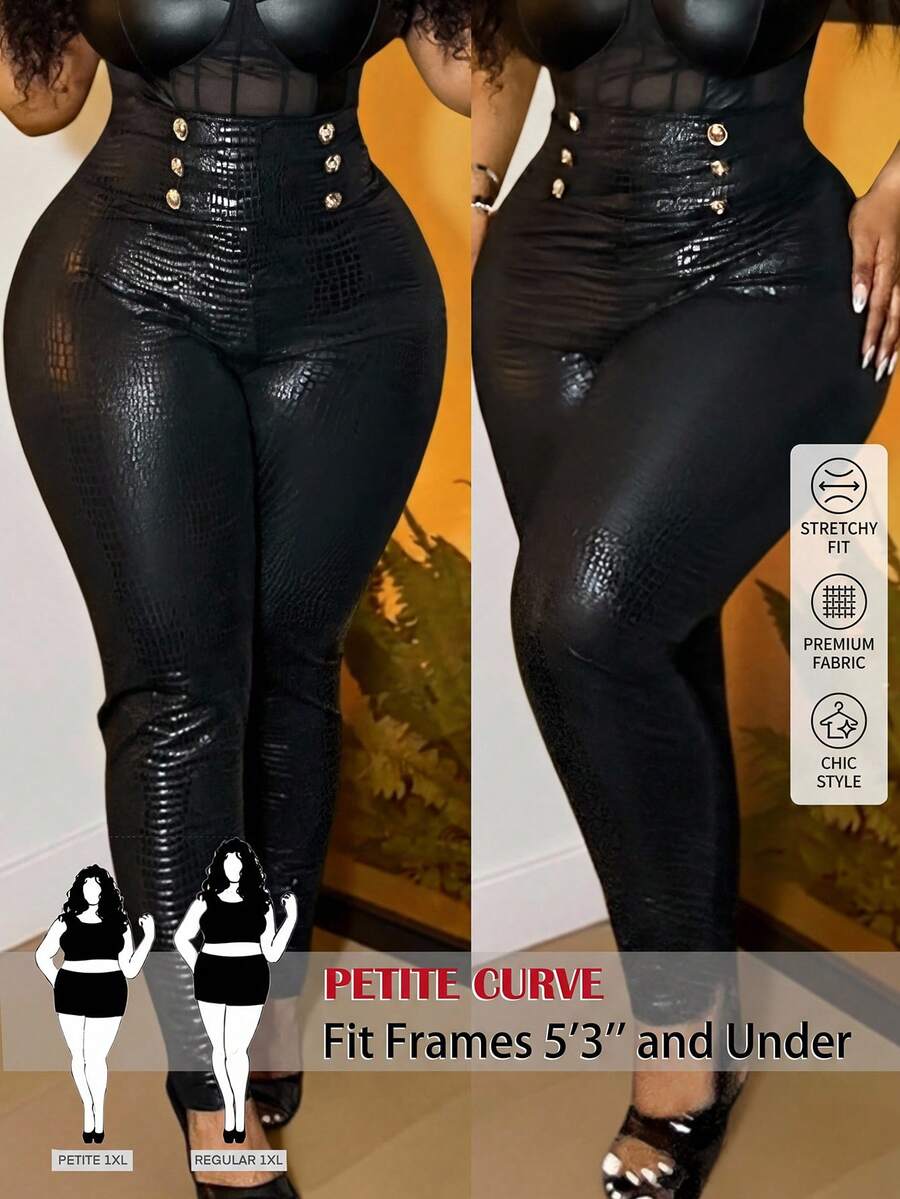 SHEIN PETITE CURVE 大尺碼女款小個子高腰皮革緊身褲，黑色與金色，秋季，優雅，電音派對，優雅辦公儀式派對度假 - 黑色 - 查看 1
