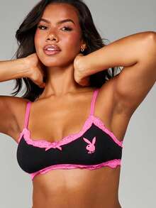 Missguided x Playboy Áo lót ren gợi cảm màu hồng điểm xuyết logo thỏ, nội y quyến rũ dành cho phụ nữ. - màu đen - Xem 5