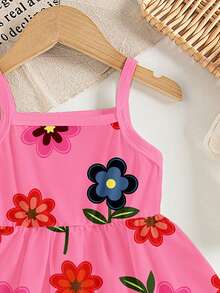 1件女婴休闲可爱花卉植物印花针织吊带连衣裙，夏季度假连衣裙 - 粉色 - 查看 6