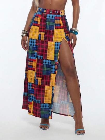 Modviera Falda larga de mujer con estampado de cuadros coloridos y abertura, con decoración de ojales en la cintura, adecuada para salidas diarias, casual, moda casual, Y2K, festivales de música rock, ropa de verano para mujer, faldas midi de verano, atuendos de verano
