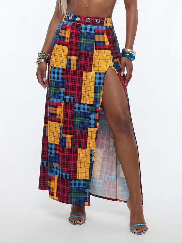 Modviera Falda larga de mujer con estampado de cuadros coloridos y abertura, con decoración de ojales en la cintura, adecuada para salidas diarias, casual, moda casual, Y2K, festivales de música rock, ropa de verano para mujer, faldas midi de verano, atuendos de verano