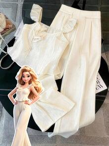 GlowEve CURVE Bộ 2 món dành cho nữ cỡ lớn, thanh lịch, gồm áo satin cổ tròn họa tiết hoa 3D không tay và quần ống rộng cạp cao, thích hợp cho đi làm và dự tiệc mùa xuân/hè. - màu xanh lá - Xem 1