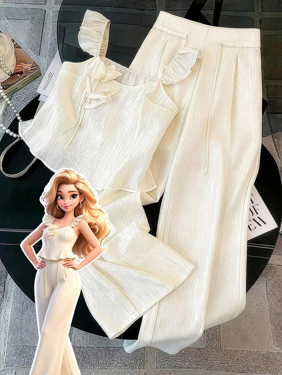 GlowEve CURVE Bộ 2 món dành cho nữ cỡ lớn, thanh lịch, gồm áo satin cổ tròn họa tiết hoa 3D không tay và quần ống rộng cạp cao, thích hợp cho đi làm và dự tiệc mùa xuân/hè. - màu xanh lá - Xem 1