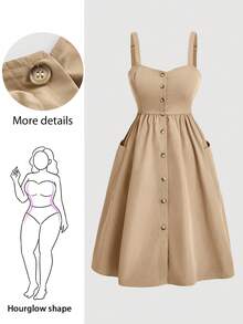 Hourglow Plus Size Women's Solid Color Simple Daily Pocketed Sling Dress, Graduation Dress, For Body Shape, For Summer - Khaki - View 1