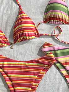Swim Mod Bộ bikini 4 mảnh cổ yếm kẻ sọc nhiều màu sắc mùa xuân/hè 2026 thích hợp cho kỳ nghỉ biển. - Nhiều màu - Xem 4