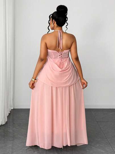 Maweii 春夏吊带褶皱A字双系带宽松半身裙，优雅休闲度假装，日常穿着，新品上市，杏色，性感时尚小众设计，大码女式长款两件套