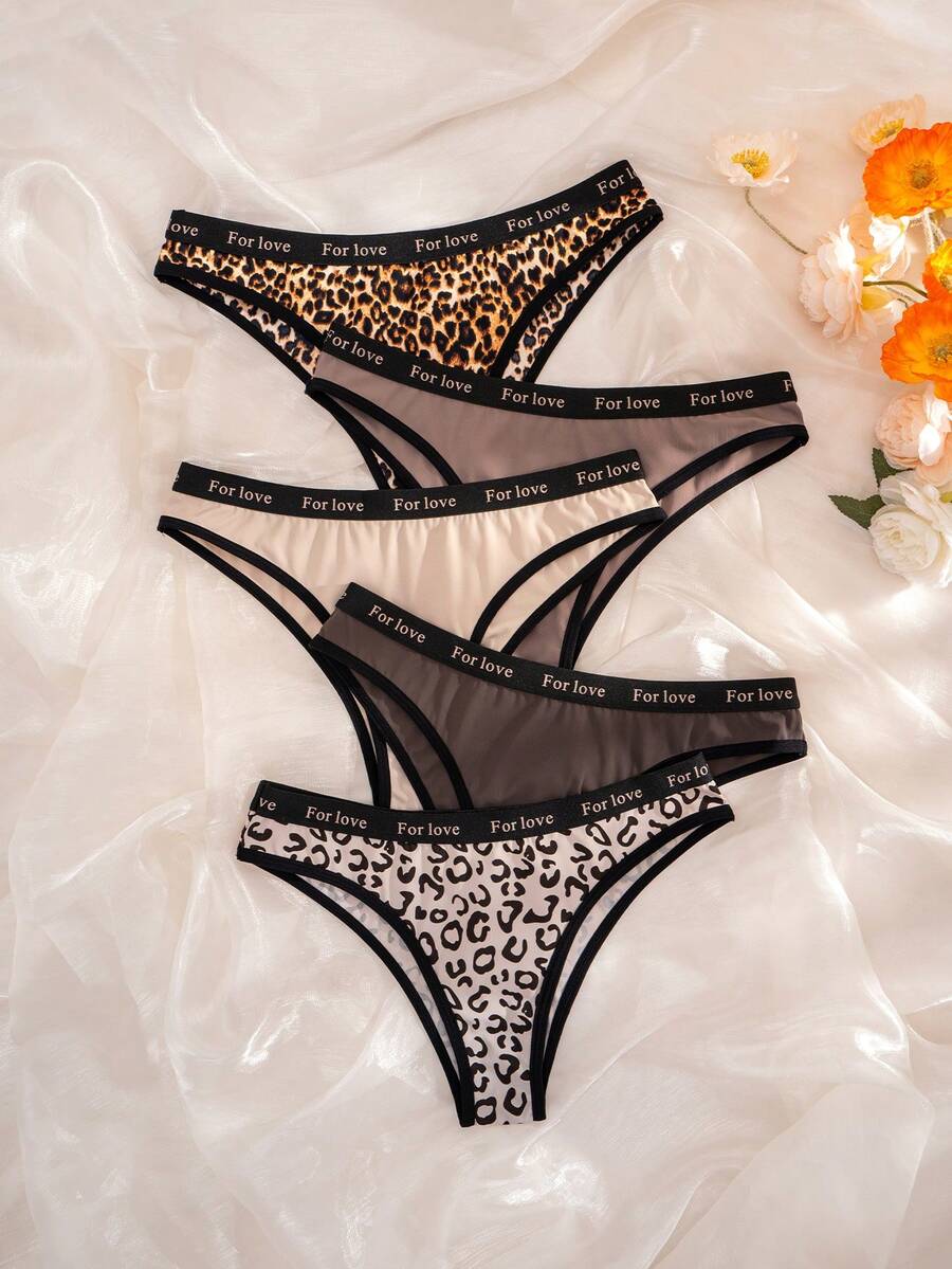SHEIN Bộ 5 quần bikini nữ họa tiết da báo phối viền tương phản. - Nhiều màu - Xem 1