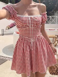 Glamine Charm Gingham Off Shoulder Mini Dress Cottagecore Picnic Dress Coquette Ribbon A-Line Dress Summer Vintage Casual Dress Classic Gingham Check Print Off Shoulder Bardot Neckline Flare A-Line Skater Hem Outdoor Garden Picnic Casual Daily Outing Romantic Date Appointment Beach Holiday Trip Spring Festival Event Summer Sweet Feminine - Red and White - View 5