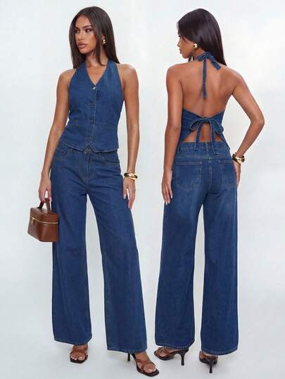 Avantive Women's Halter Tie-Up Backless Top And Casual Denim Pants Set, Daily Wear