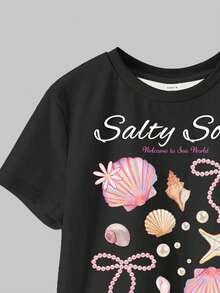 两件套少女休闲蝴蝶结条纹T恤短裤套装，Salty Soul 海星贝壳珍珠蝴蝶结图案圆领短袖T恤，适合春夏日常穿着、街头风、居家、度假、农场等场合，舒适百搭，充满夏日气息，是春夏女孩的理想之选，时尚有型，轻松休闲，尽显度假风情。 - 彩色 - 查看 4