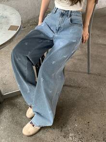 DAZY Quần jean denim nữ in nơ và có túi - Màu xanh lam - Xem 6