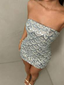 SHEIN Glamour Đầm ngắn quây ngực đính sequin gợi cảm dành cho nữ, thích hợp cho mùa hè. - Bạc - Xem 4