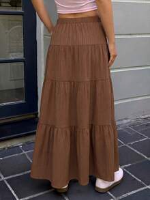 MainGRL Solid Textured Tiered Hem Skirt - Coffee Brown - View 2