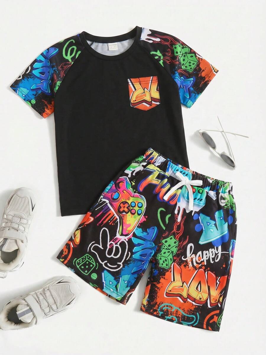 Bộ 2 món áo thun và quần short in hình graffiti dành cho bé trai tuổi teen. - Nhiều màu - Xem 1