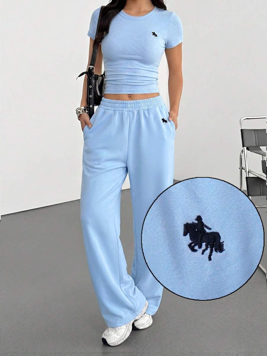 Muchica Women's Knight Print Pleated Short Sleeve Top And Pants Casual 2 Pieces Set - Baby Blue - View 1