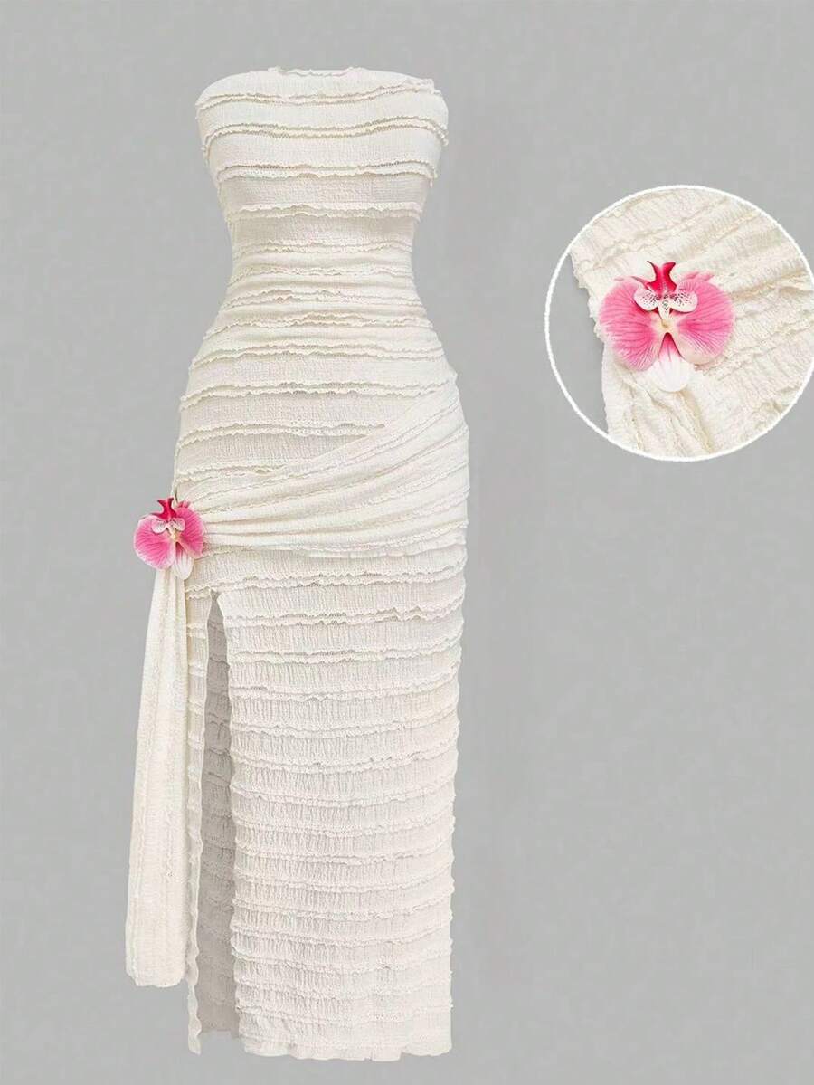 SHEIN PETITE CURVE 裹胸开衩系带花卉装饰连衣裙，收腰开衩设计，时尚优雅，适合夏季海滩度假 - 杏色 - 查看 1