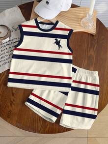 6pcs/Set Toddler Boys' Bear Print Vest And Shorts,White Summer Back-To-School Casual Outfit,Navy & Beige,Red & Blue Striped,Navy Striped Streetwear - Multicolor - View 4
