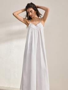 Ocili Camisón de mujer con diseño de encaje calado y bordado floral de algodón, vestido de ropa de dormir para damas - Azul - Ver 2