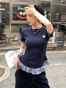 DAZY 圓領短袖格紋拼接女款T恤 - 藏蓝色 - 查看 7