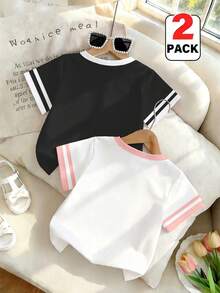 Tween Girl Y2K Cute Style 2pcs Set, Pearl Bow & Seashell Print Colorblock Striped Short Sleeve T-Shirt, Summer Beach Holiday Tee - Multicolor - View 2